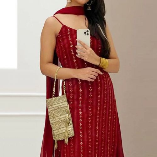 Bright Maroon Sequence Georgette Suits Catalog